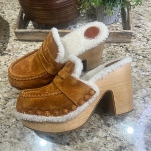 Chloe Joy Block Heel Suede Shearling Clog Caramello Mules Orange 40